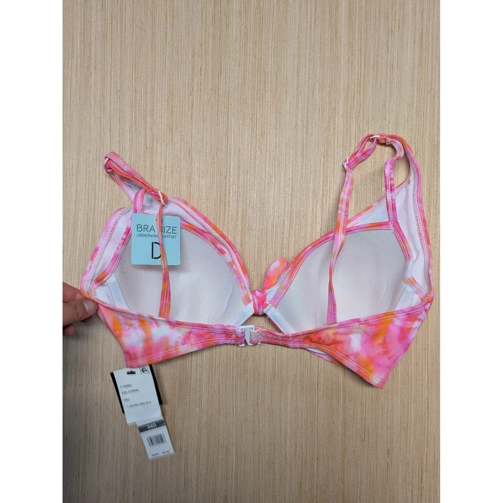 Kona‎ Sol Women 34D Coral Tie Dye Underwire Tie Front Bikini Swim Top F70092 NWT